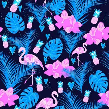 Tropical seamless pattern with flamingo, pineapple, palm and monstera. Illustrazione stock