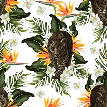 Tropical  seamless pattern with green leaves and flowers. Stock Illustration