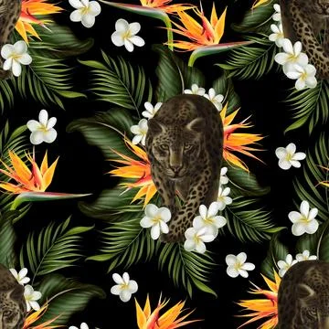 Tropical  seamless pattern with green leaves and flowers. Stock Illustration