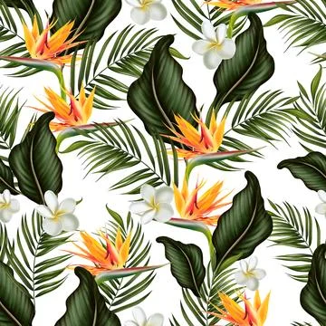 Tropical  seamless pattern with green leaves and flowers. Stock Illustration