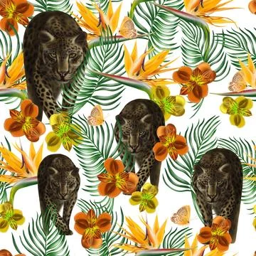 Tropical  seamless pattern with green leaves and flowers. Stock Illustration