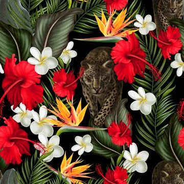 Tropical  seamless pattern with green leaves and flowers. Stock Illustration