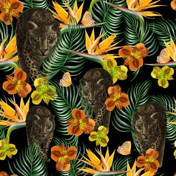 Tropical  seamless pattern with green leaves and flowers. Illustrazione stock