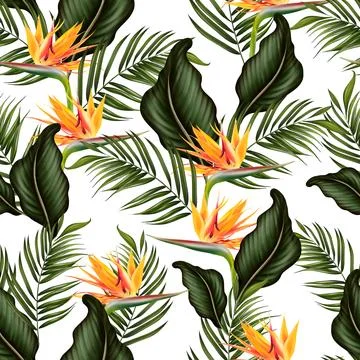 Tropical  seamless pattern with green leaves and flowers. Stock Illustration