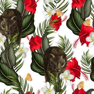 Tropical  seamless pattern with green leaves and flowers. Stock Illustration