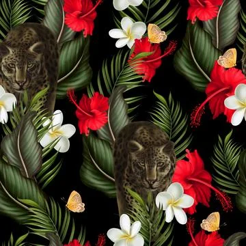 Tropical  seamless pattern with green leaves and flowers. Stock Illustration