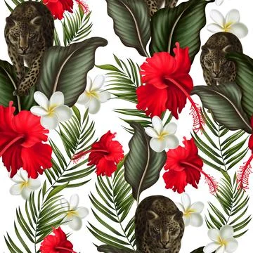 Tropical  seamless pattern with green leaves and flowers. Stock Illustration