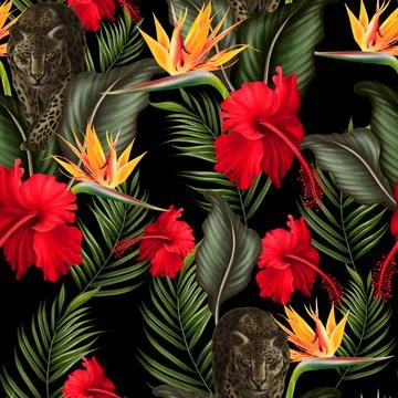 Tropical  seamless pattern with green leaves and flowers. Stock Illustration