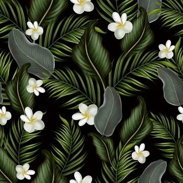 Tropical  seamless pattern with green leaves and flowers. Stock Illustration