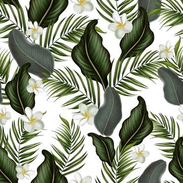 Tropical  seamless pattern with green leaves and flowers. Stock Illustration