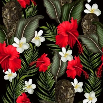 Tropical  seamless pattern with green leaves and flowers. Illustrazione stock