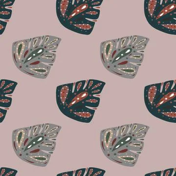 Tropical seamless pattern with grey and navy blue ornamental monstera element Stock Illustration