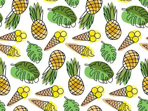 Tropical Seamless pattern with Ice Cream, pineapple, leaves. Tropical Ice Cream Stock Illustration