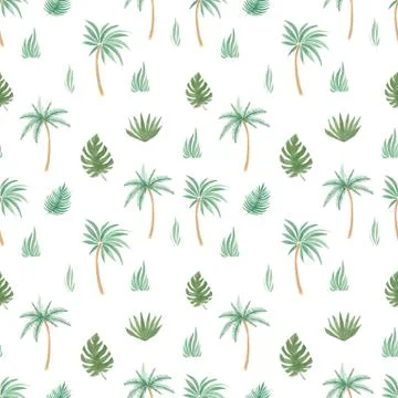 Tropical seamless pattern leaf palm grass Watercolor hand painted natural ele Stock Illustration