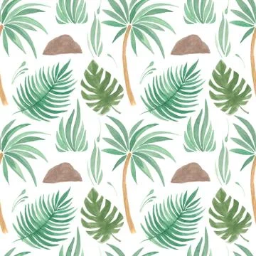 Tropical seamless pattern leaf palm grass Watercolor hand painted natural ele 스톡 일러스트