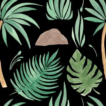 Tropical seamless pattern leaf palm grass Watercolor hand painted natural ele Stock Illustration