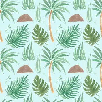 Tropical seamless pattern leaf palm grass Watercolor hand painted natural ele Stock Illustration