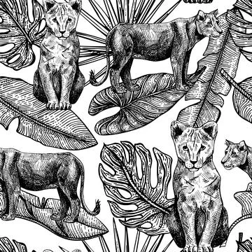 Tropical seamless pattern with lioness and lion cub. Vintage animals and leav Stock Illustration