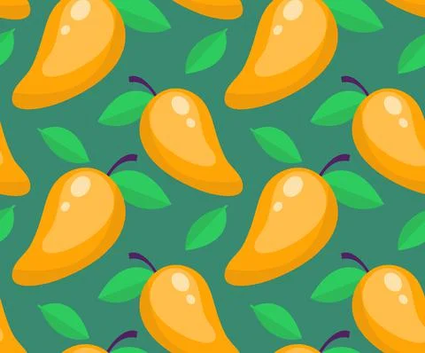 Tropical seamless pattern with mango on a green background. Fruit repeated Stock Illustration
