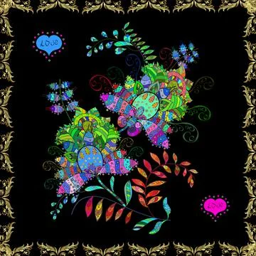 Tropical seamless pattern with many black, blue and green abstract flowers. Cute 库存插图