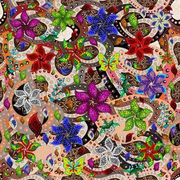 Tropical seamless pattern with many brown, gray and beige abstract flowers. Cute 库存插图