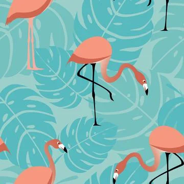 Tropical seamless pattern with monstera leaves and flamingo Stock Illustration