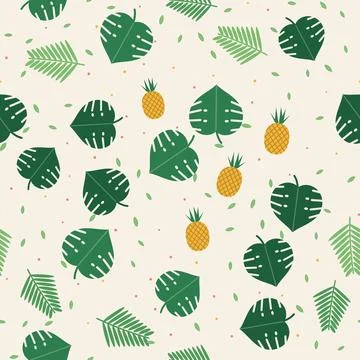 Tropical seamless pattern with monstera leaves, palm fronds and pineapples, flat Stock Illustration