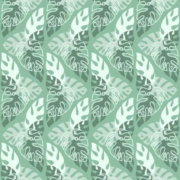 Tropical seamless pattern with monstera palm leaves, green monochromatic colo Stock Illustration