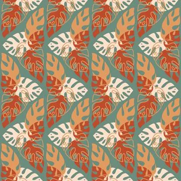 Tropical seamless pattern with monstera palm leaves, vector illustration Illustrazione stock
