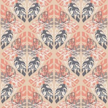 Tropical seamless pattern with monstera palm leaves, pink gray pastel color,  Stock Illustration