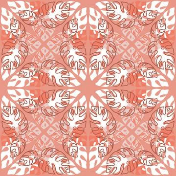 Tropical seamless pattern with monstera palm leaves, orange white color Stock Illustration
