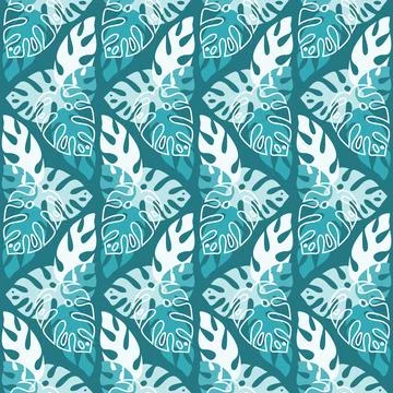 Tropical seamless pattern monstera palm leaf, green blue emerald color, illus Ilustración de archivo