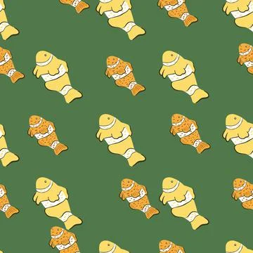 Tropical seamless pattern with orange colored clown fish elements. Green back Illustrazione stock