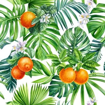 Tropical seamless pattern with orange fruit, flowers, exotic palm tree. Summer Stock Illustration