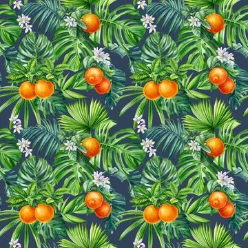 Tropical seamless pattern with orange fruit, flowers, exotic palm tree. Summer Stock Illustration