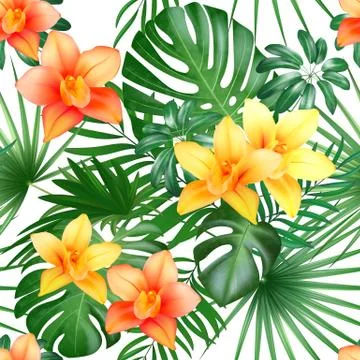 Tropical seamless pattern with palm leaves and flowers. Vector illustration. Illustrazione stock