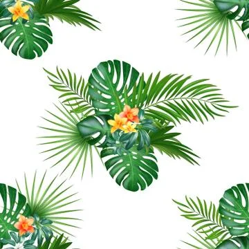 Tropical seamless pattern with palm leaves and flowers. Vector illustration. Stock Illustration