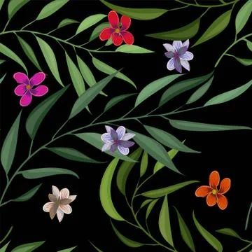 Tropical seamless pattern with palm leaves and flowers. Vector illustration. Stock Illustration