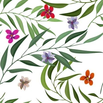Tropical seamless pattern with palm leaves and flowers. Vector illustration. Stock Illustration