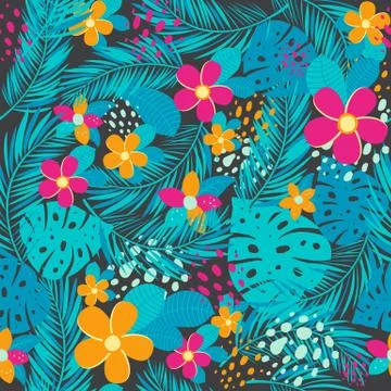 Tropical seamless pattern with palm leaves and flowers. Vector illustration. Illustrazione stock