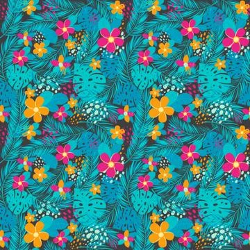 Tropical seamless pattern with palm leaves and flowers. Vector illustration. Stock Illustration