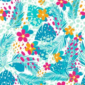 Tropical seamless pattern with palm leaves and flowers. Vector illustration. Stock Illustration