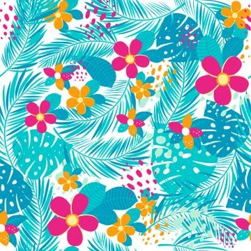 Tropical seamless pattern with palm leaves and flowers. illustration. Stock Illustration