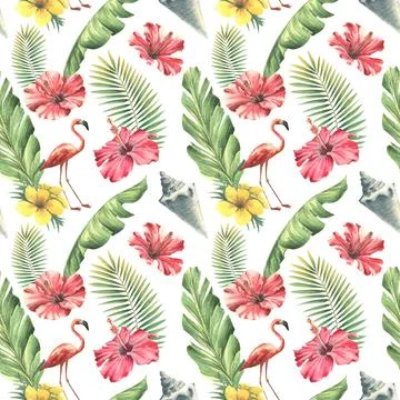 Tropical seamless pattern with palm leaves, pink flamingos, red hibiscus flowers Stock Illustration