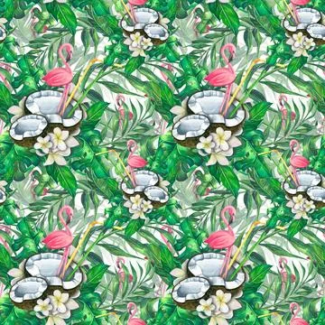 Tropical seamless pattern with palm leaves, pink flamingos and coconuts Illustrazione stock