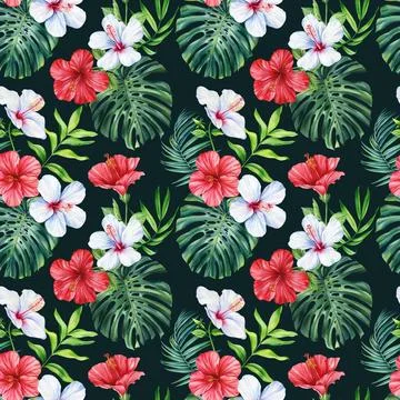 Tropical seamless pattern Palm leaves, Jungle monstera leaf, hibiscus flower Stock Illustration
