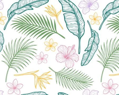 Tropical seamless pattern with palm leaves, banana leaves, hibiscus and plumeria Stock Illustration
