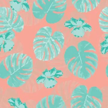 Tropical seamless pattern with palm monstera leaves and flowers Illustrazione stock