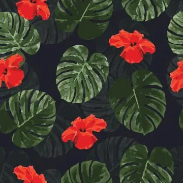 Tropical seamless pattern with palm monstera leaves and flowers Stock-Illustration