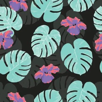 Tropical seamless pattern with palm monstera leaves and flowers Stock Illustration